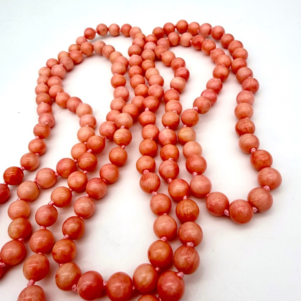 Vintage 56" Genuine Angel Skin Coral Necklace Hand Knotted 8.5mm Beads 124g - Picture 2 of 13